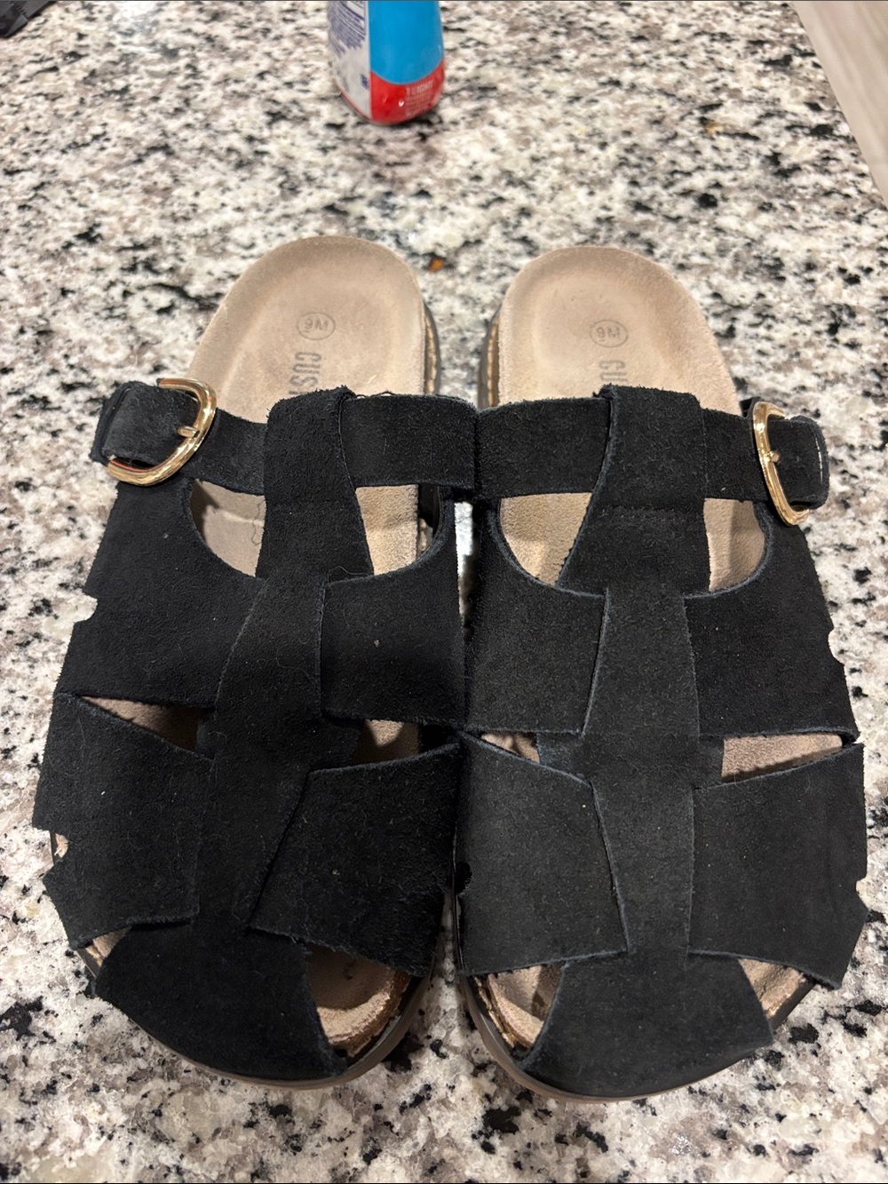 Black Suede Slide Sandals with Gold Buckles